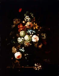 Stilleben med blomster i en glasvase