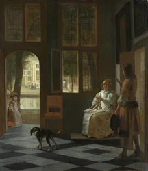 En kvinde dirigerer en ung mand med et brev, 1670