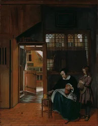 En kvinde, der tilbereder brød og smør til en dreng, ca. 1660