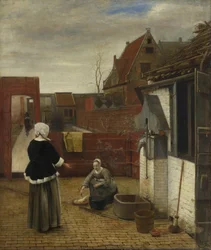 En kvinde og hendes tjenestepige i en gårdhave, ca 1661