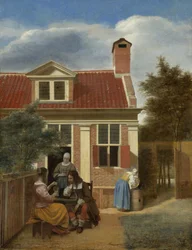 Et selskab i gården bag et hus, 1663-1665