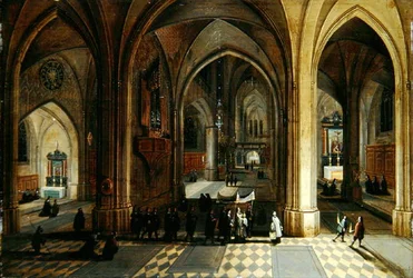 Det indre af en gotisk katedral med en procession (olie på panel)
