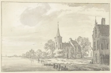 Landsbykirke og huse ved en flod