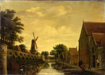 En kanal ved en bymur med arbejdere, der losser tømmer, ca. 1650