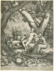 Vertumnus låner figuren af en gammel kvinde for at vinde Pomonas kærlighed, 1605 (gravering på lagt papir)