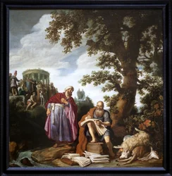 Hippokrates (fra Cos, 460-370 f.Kr.) på besøg hos Demokrit (fra Abdere, 460-370 f.Kr.). Maleri af Pieter Lastman (1583-1633), Olie på lærred