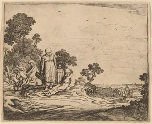 Kvinde og barn, der står i nærheden af en siddende bonde