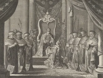 Tavle 8: Kejser Maximilian II giver en krone til Amsterdams våbenskjold, fra Cas..., 1638.