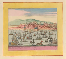 Ankomst af den hollandsk-engelske flåde med kong Charles III til Lissabon, 1704 Landing af hans Mt. Carel den tredje konge af Spanien til Lissabon i Portugal den 7 Maert 1704 (...) (titel på objekt) Krigens Teater, Begyndelsen af ​​Kong Karel den