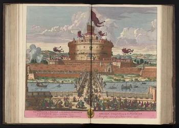 Engelenburcht aan de rivier de Tiber te Rom Slottet St. Angeli (nemlig Michaelis) af den højeste (...) (titel på objekt)