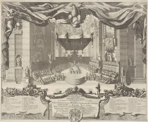Udsigt i de Sint-Pietersbasiliek Et teater, der repræsenterer de forbrydelser, der finder sted i Sankt Peters tempel i byen Rom (titel på objektet)
