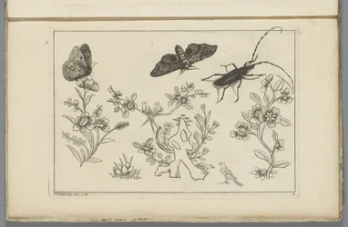 Tre blomstergrene med fugle, sommerfugle og et insekt Kinesiske blomster og insekter (serietitel)