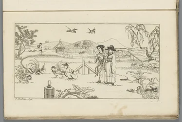 Landskab med tilskuere ved en hanekamp; Nyligt opfundne kinesere, tegnet med stort besvær og udgivet af P. Schenk Jun (...), første del (serietitel)