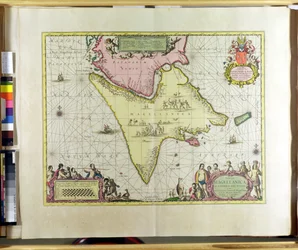 Tabula Magellanica, Quatierrae del Fuego, tallerken 18 fra Le Nouveau et Grand Illuminant Flambeau de la Mer af Claes Jansz. Vooght (fl.1680-96) udgivet i Amsterdam, 1683 (håndfarvet gravering)