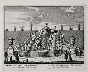 Kaskaden i en orientalsk have, fra "Admirandorum Quadruplex Spectaculum", af Jan van Call (1656-1703), udgivet før 1715 (stik)