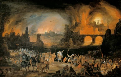 Afbrændingen af ​​byen Troja. Maleri af Pieter Schoubroeck (1570-1607). 1606. Kunsthistorisches Museum Wien Østrig