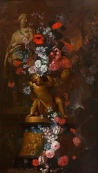Blomster i kaskader med skulpturer af en kvindelig helgen og gyldne putti på en base med en krybbescene i en have i skumringen, ca. 1690-1750 (olie på lærred)