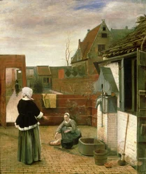 En kvinde og en tjenestepige i en gårdhave, ca. 1660-61