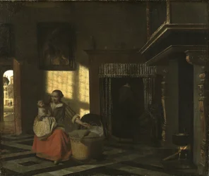 Interiør med en mor nær en vugge - Interiør med en mor tæt på en vugge, af Hooch, Pieter, de (1629-1684). Olie på lærred, ca 1665. Mål: 54x65 cm. Nationalmuseum Stockholm