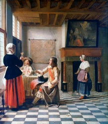 Interiør, kvinde der drikker med to mænd og en tjenestepige, ca. 1658