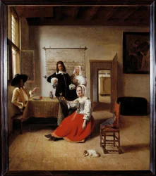 Drikkersken. En alkoholiseret kvinde i et flamsk hus omgivet af andre drikkende. Maleri af Pieter de Hooch (1629-1684), 1658. H. 0,69 x 0,6 m - Kvinde, der drikker med soldater. Interiør i et flamsk hus. Maleri af Pieter de Hooch (1629-1684)