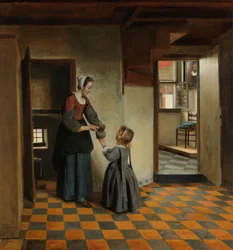 Kvinde med et barn i et spisekammer, ca. 1656-60 (olie på lærred)