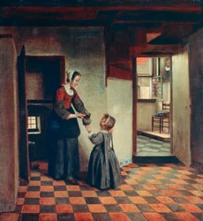 Kvinde med et barn i et spisekammer, ca. 1660