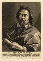 Portræt af Jacques Jordaens, flamsk maler, tegner og gobelindesigner kendt for sine historiske malerier, genrescener og portrætter