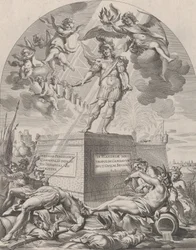 Plade 1: Ferdinand som Mars, stående på en piedestal, fra William Becanus 