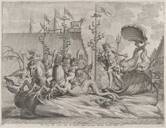 Plade 35: Filip af Spanien som Neptun, ridende i en vogn trukket af to søheste, fra Gu..., 1636.