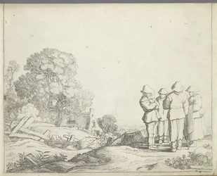 Landskab med tre bønder og en bondekone Landskaber med figurer (serietitel) Mirror of Nature og School of Drawing (...) (serietitel)