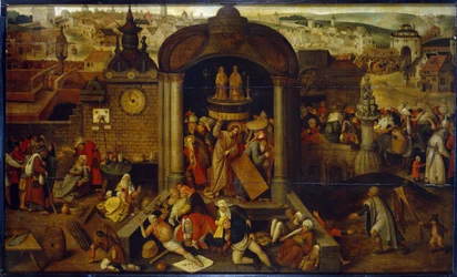 Kristus driver købmændene fra templet. (Kristus driver pengeudlåneren fra templet). Med scener fra Kristi lidenskab i baggrunden, foran panoramaet af byen. Maleri af en hollandsk kunstner påvirket af Hieronymus (Jerome) Bos