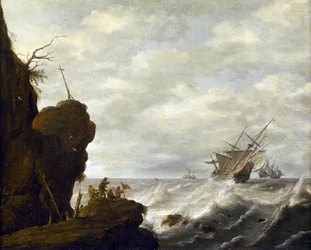 Et hollandsk skib på et oprørt hav ud for en klippekyst, ca. 1640 (olie på træ)