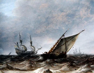 En Smalschip og en Man-of-War i uroligt hav (olie på panel)