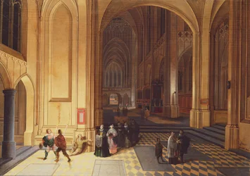 Interiør af en katedral med en tigger og andre figurer