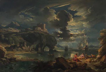 Et månebelyst kystlandskab fra Middelhavet, ca. 1700-01 (olie på lærred)