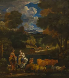 Et pastoralt landskab med rejsende, ca. 1657-1701 (olie på lærred)