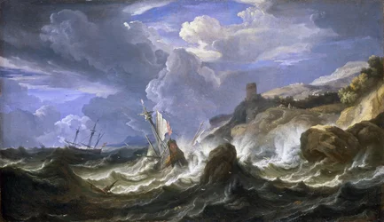 Skibsvrag i storm nær en klippekyst. Olie på lærred, midten af det 17. århundrede af Pieter Mulier II den yngre (eller Pietro Mulieribus eller Pietro Cavaliere Tempesta) (1637-1701).