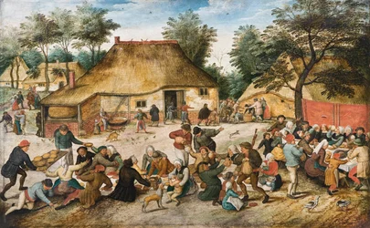 Bondebrylluppet - Maleri af Pieter Brueghel, den yngre (1564-1638) - Olie på træ - 43x68 - Hallwylska Museet, Stockholm