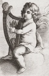 En engel, der spiller på harpe.