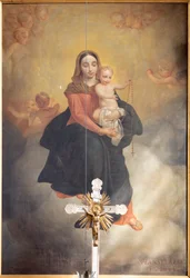 Indefra, maleri "Vor Frue med Barn med rosenkrans", altertavle på hovedalteret af Pierre Van Hanselaere
