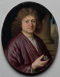 Portræt af en mand, der holder et ur, ca. 1665-70 (olie på træ)