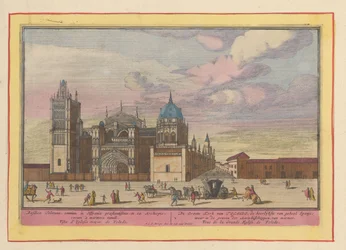 Udsigt over Toledo, katedral Den store kirke i Toledo, den mest herlige i hele Spanien; hvor i ærkebiskoppernes grave, af marmor (titel på objekt) Theatrum Hispaniae (...) (serietitel)