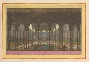Udsigt over Løvegården i Alhambra i Granada. Løvegården i Granada, et værk af de mauriske konger i Alhambra-slottet, med to marmorbassiner på ti løver (titel på genstanden). Theatrum Hispaniae (...) (serietitel)