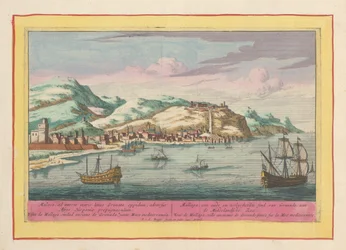Udsigt over byen Málaga ved Middelhavet Mallaga, en gammel og befæstet by Granade, ved Middelhavet (titel på objektet) Theatrum Hispaniae (...) (serietitel)