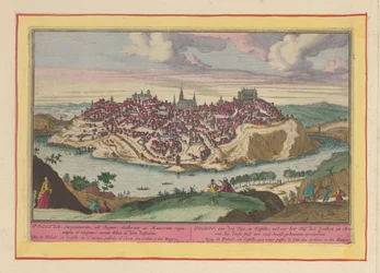 Udsigt over byen Toledo. Toledo ved Tajo i Kastilien, engang goternes og maurernes hof, som prydede denne by med mange hovedbygninger (titel på genstanden). Theatrum Hispaniae (...) (serietitel)