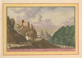 Udsigt over Alcazaba og katedralen i Granada Gesigt af slottet de Rooden Tooren, og Granades Hoofdkerk (titel på objekt) Theatrum Hispaniae (...) (serietitel)