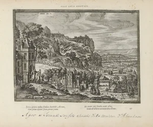 Landschap met de verdrijving van Hagar en Ismaël af Abraham Adopterede sønner af lucus (titel på objekt) De hellige emblemer og begge testamenters hovedhistorier (Oude Testamente) (serietitel) Billeder og figurer af bøger (serietitel)