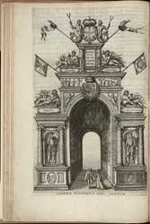 Floderne Tejo, Plata, Ganges og Hydaspes. Bagsiden af den portugisiske triumfbue, Ernst, ærkehertug af Østrigs indtog i Antwerpen, udgivet 1595 (gravering)