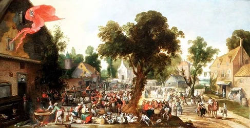 Bønder fejrer en festdag i en landsbygade